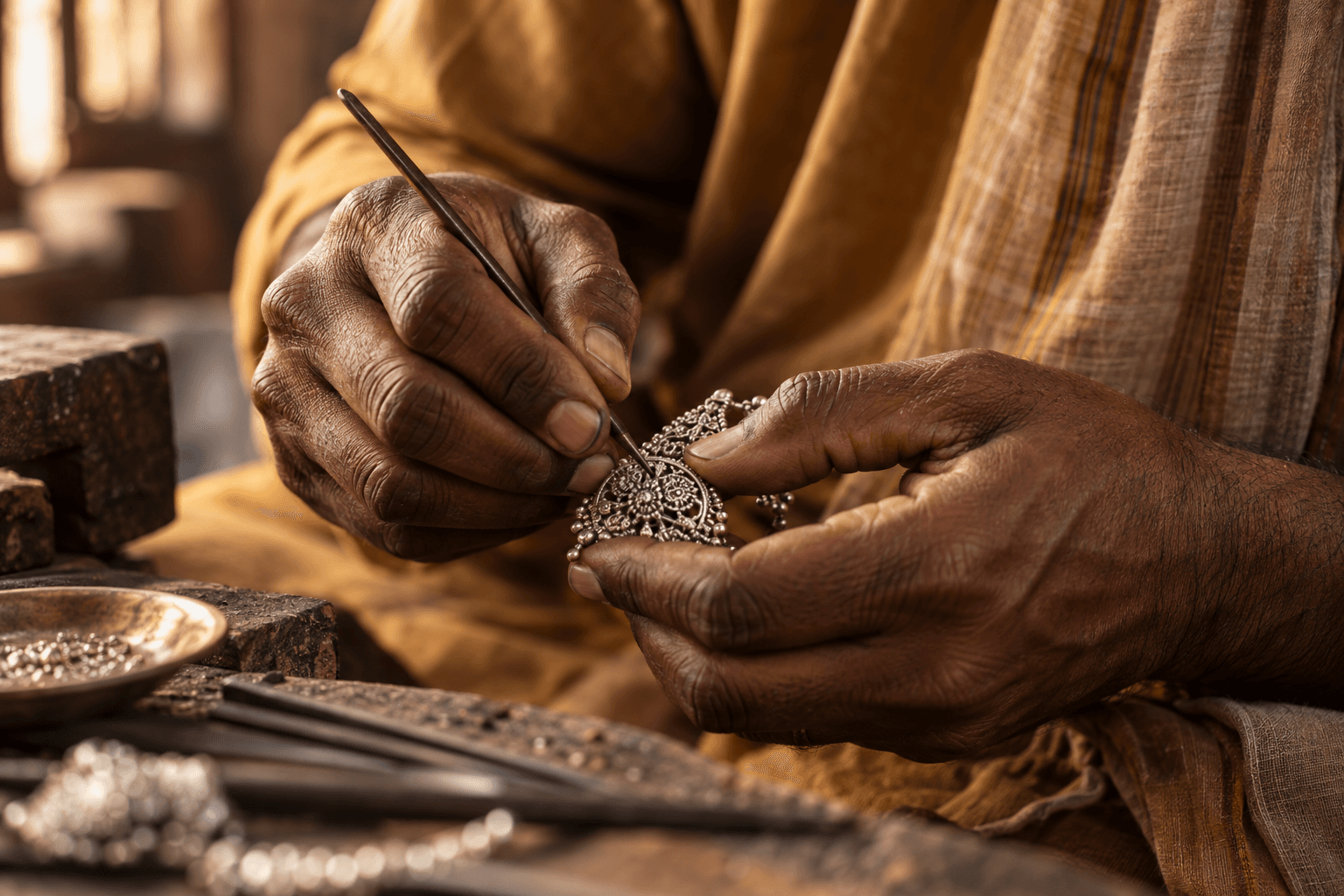 Varanasi artisan crafting silver jewellery